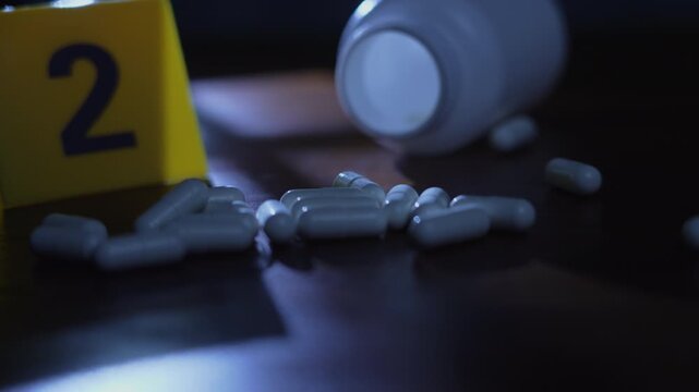 Homicide investigation, rack focus and slow zoom in from a yellow evidence marker to scattered white pills and a bottle on a wooden table under window frame shadows and police lights.