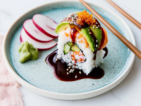California roll with crab, avocado, cucumber and roe