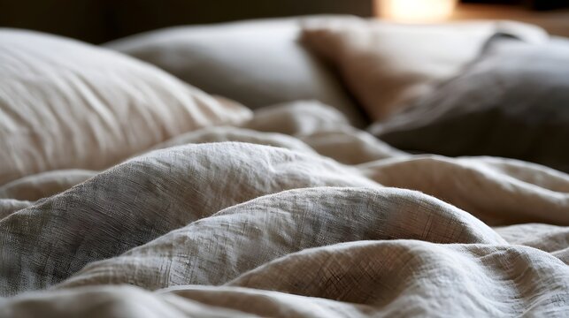 A close up view of textured linen bedding with soft pillows and warm ambient lighting creating a cozy sleeping environment