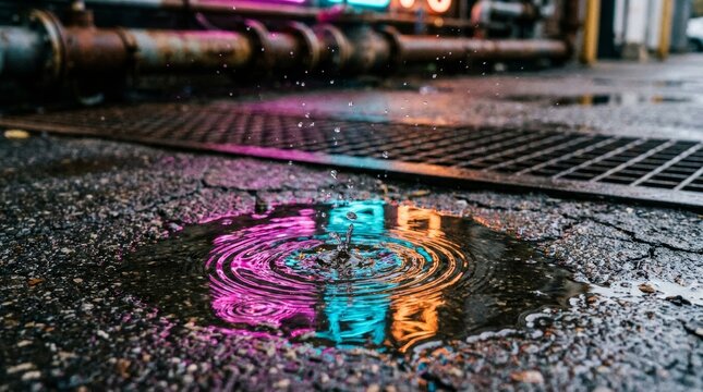 Raindrop crown exploding in a neon-lit puddle by a rusted street drain