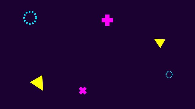 Retro memphis style geometric shapes floating animation on dark purple background motion graphic