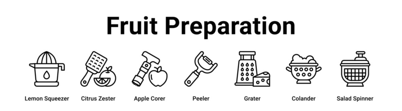 Fruit Preparation web banner icon vector illustration concept for kitchen with icon of Lemon Squeezer, Citrus Zester, Apple Corer, Peeler, Grater, Colander.