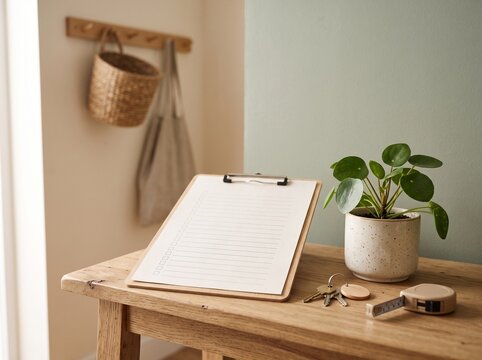 Overhead flat lay of a blank checklist on a wooden clipboard beside house keys, a wooden keychain fob, tape measure, and potted pilea plant on an entryway console table