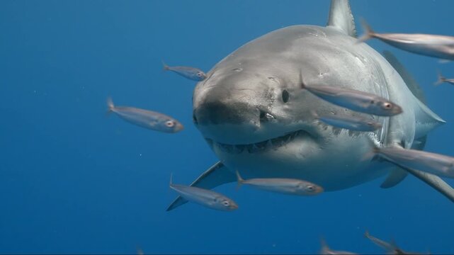 Close-up of a great white shark.
