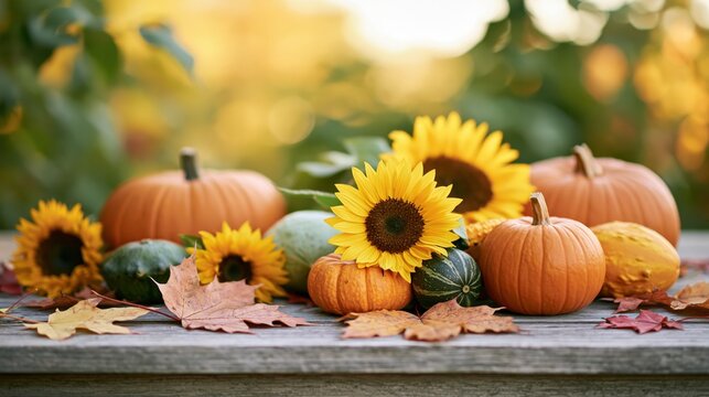 The Sunflower and Pumpkin Display on Rustic Wooden Table in Autumn