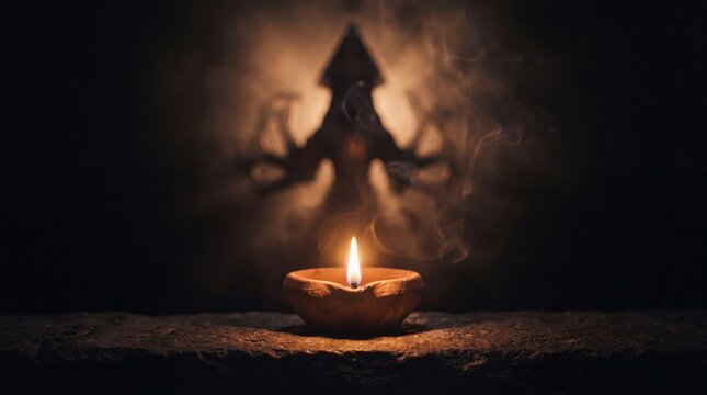 Small burning clay oil lamp with a faint silhouette of a multi-armed deity of ma kali in dark background silhouette