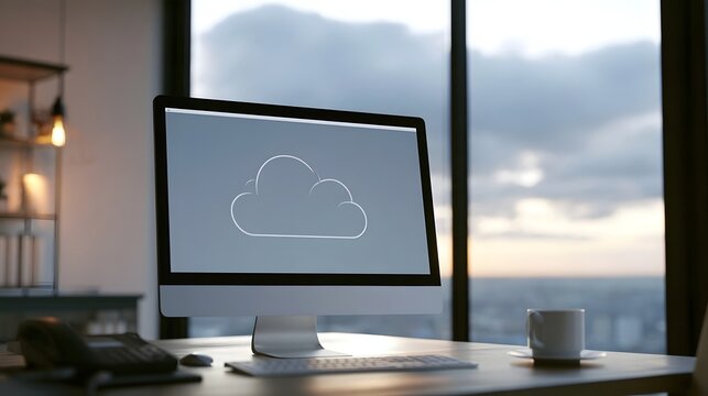 Modern computer monitor displaying cloud icon on desk with coffee cup and window view of cloudy sky