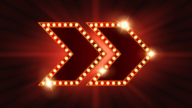Retro Marquee Light Arrow Signs with Glowing Bulbs on Red Neon Background, Vintage Arrow Design for Pointer, Direction, Orientation and Navigation, Advertising, Promotion, Entertainment and Event Sign