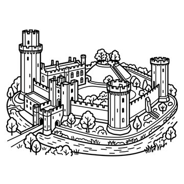 Medieval Castle Illustration with Towers and Walls.
