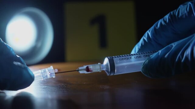 Criminal investigation of a gloved hand holding a capped bloody syringe near a yellow evidence marker under a flashlight and police lights, dramatic mood, extreme close up zoom in.