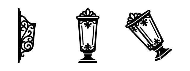Naklejka premium Ornate Decorative Elements Icons Set: Wall Bracket and Lanterns