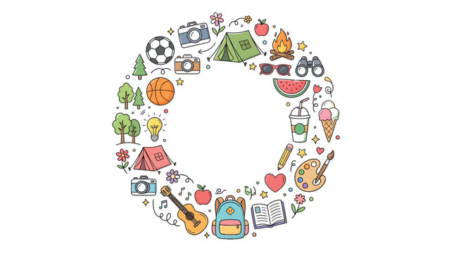 Colorful circular vector illustration featuring diverse hobby icons arranged in a charming and creative border pattern