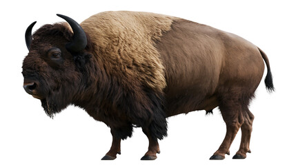 Large American bison standing with thick brown fur and curved black horns © Uxia
