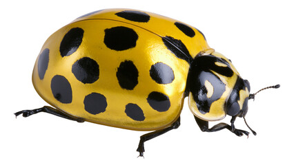 Fototapeta premium Yellow ladybug with black spots and shiny metallic shell