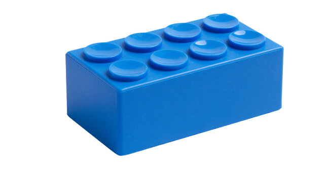 Blue plastic building block with eight circular studs on top