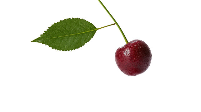 Single ripe red cherry with green leaf and stem covered in water droplets