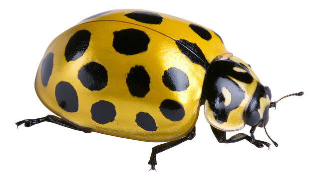Yellow ladybug with black spots and shiny metallic shell