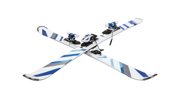 Pair of white and blue downhill skis with bindings arranged in an X shape