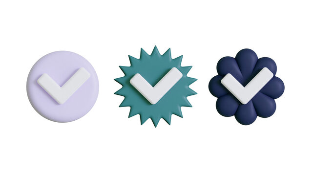 Three dimensional checkmark icons with circular, star and flower shaped bases