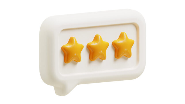 Three dimensional white speech bubble with three glossy yellow stars inside