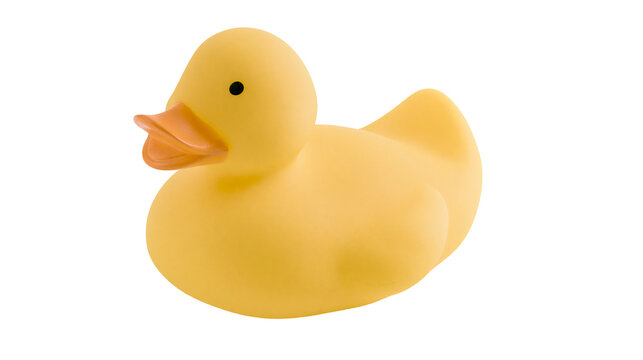 Bright yellow rubber duck toy with orange beak and black eye
