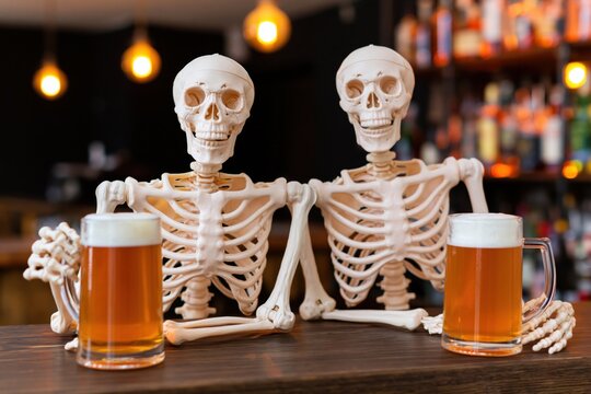 The Skeletons at the Bar Sharing Beer and Laughing Under Warm Lighting