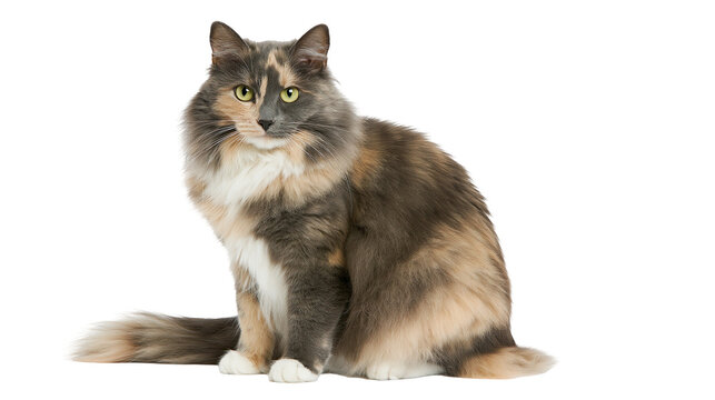 Fluffy long-haired tortoiseshell cat with green eyes sitting
