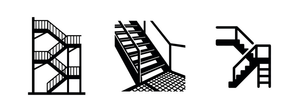Fire escape stairs icons set. Emergency exit and exterior staircase silhouettes. Building safety symbols.