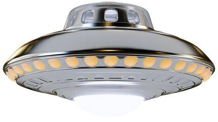 Metallic silver flying saucer with glowing orange lights and central bright dome © Freja
