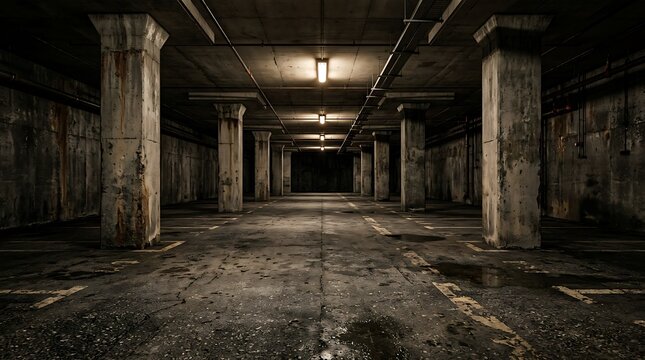 Dark abandoned underground concrete tunnel with dim overhead lights and pillars