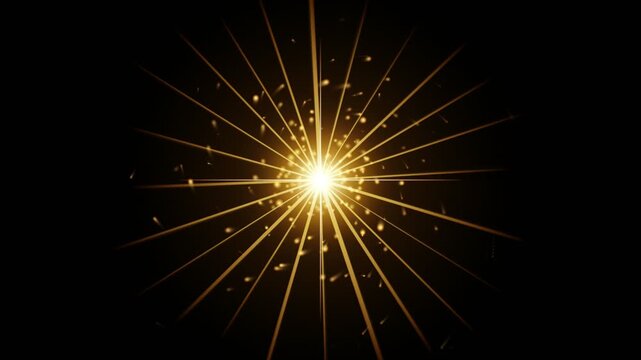 Abstract golden light explosion with rays and particles on black background