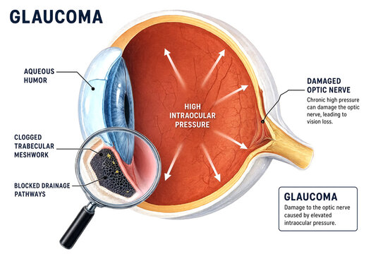 Medical illustration showing glaucoma with high intraocular pressure and optic nerve damage