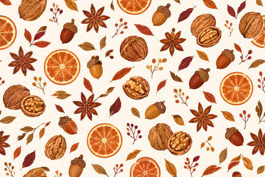 Autumn Harvest Seamless Pattern with Walnuts, Acorns and Orange