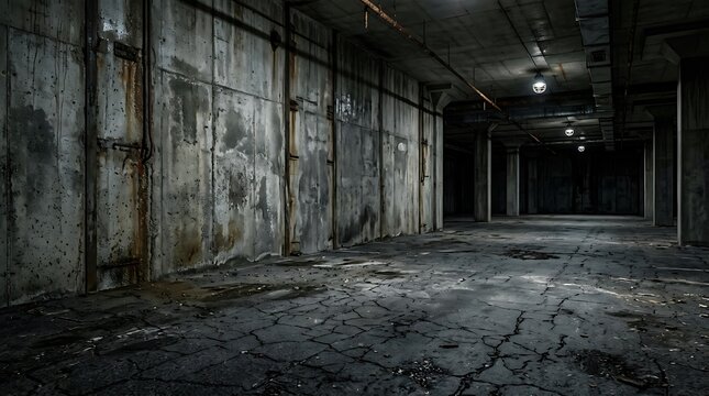Dark abandoned industrial hallway with peeling paint and dim lights in a derelict factory building
