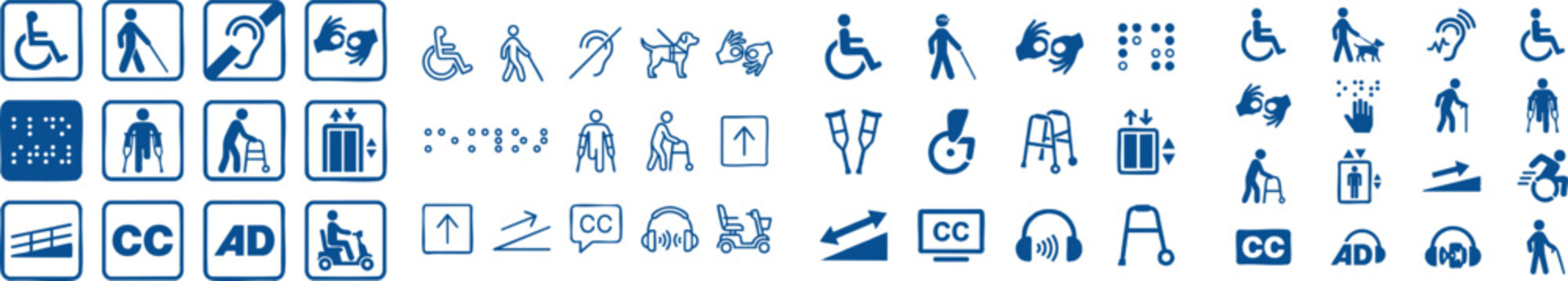 accessibility icons disability symbol wheelchair sign blind deaf assistance vector blue handicap icons collection featuring signs for sign language braille crutches walker elevator, vector