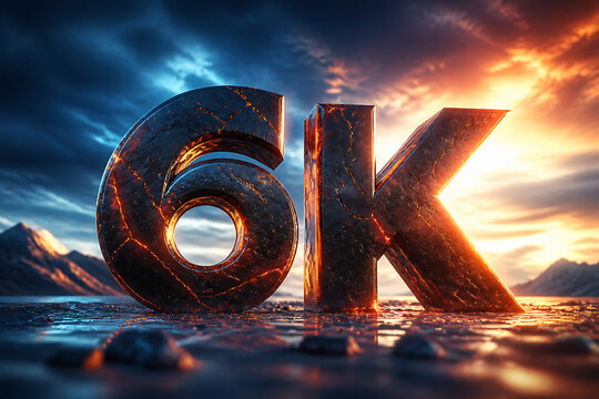 Giant, glowing "6K" numbers are set against a dramatic sunset and stormy sky over mountains.
