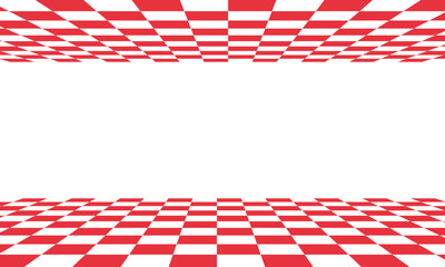 Fototapeta na wymiar Red and white checkered isometric background. Race flag pattern floor and ceiling. Chessboard room backdrop. Vector illustration