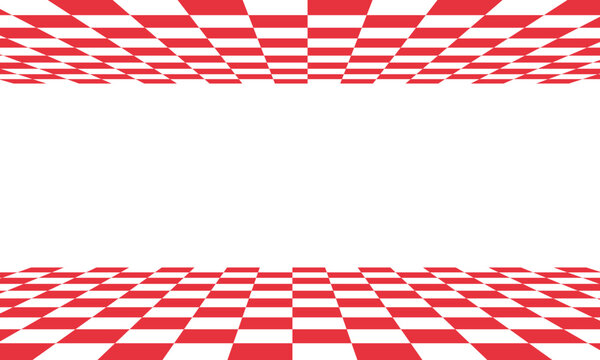 Red and white checkered isometric background. Race flag pattern floor and ceiling. Chessboard room backdrop. Vector illustration