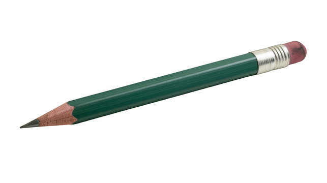 Green wooden pencil with a pink eraser and a sharpened graphite lead tip