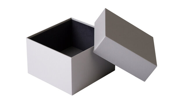 Open square grey cardboard gift box with lid