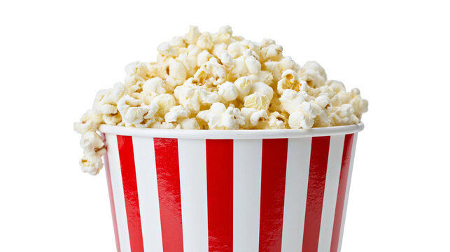 Fresh salty popcorn in a red and white striped paper bucket