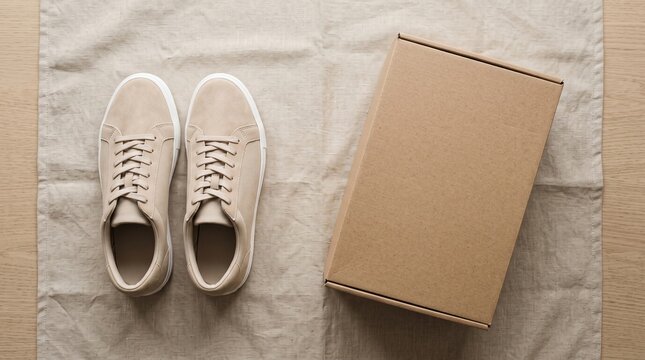 Minimalist flat lay of unbranded beige sneakers and shoe box