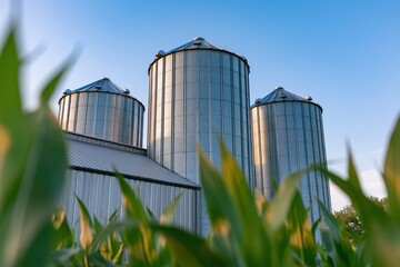 Fototapeta premium The Grain Silos Stand Tall Over a Rural Farm Under Bright Blue Sky