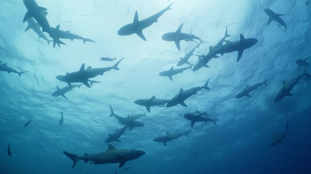 Group of sharks swimming underwater.