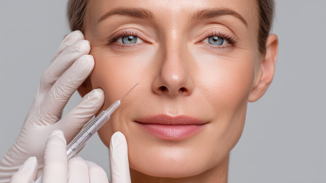 Close-up of a woman receiving a professional facial injection from a medical aesthetic practitioner wearing protective gloves. Modern cosmetic dermatology and anti-aging treatment concept.