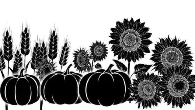 Harvest Silhouette Border Wheat Sunflowers Pumpkins