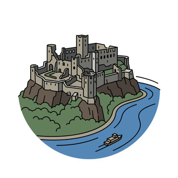 Medieval Castle on a Hilltop Overlooking a River.