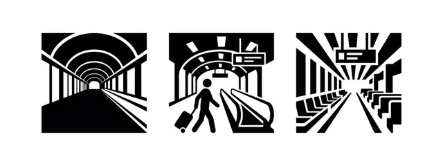 Fototapeta premium Icons representing a tunnel, escalator with person, and a modern corridor.