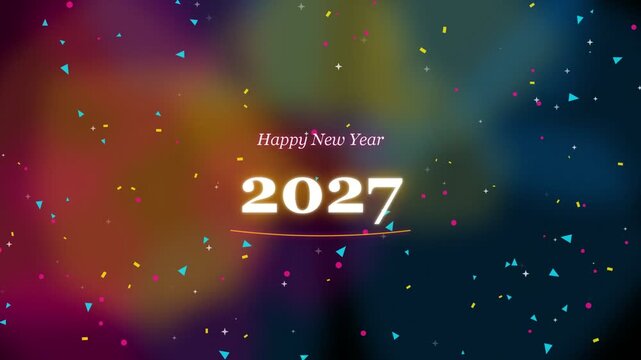 Happy new year 2027 greeting card with colorful confetti background