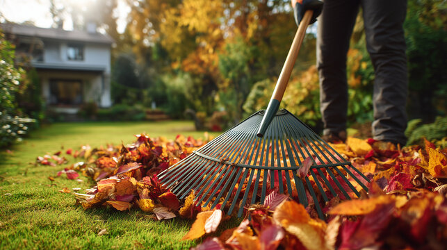 Gardener raking colorful autumn leaves on a residential lawn in warm sunlight, representing seasonal yard maintenance, outdoor gardening, fall cleanup and home care.